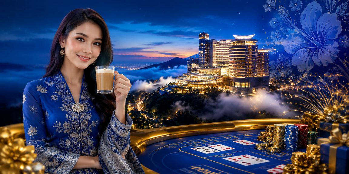 Suasana permainan kasino mewah di Genting Highlands dengan pemain berpakaian tradisional